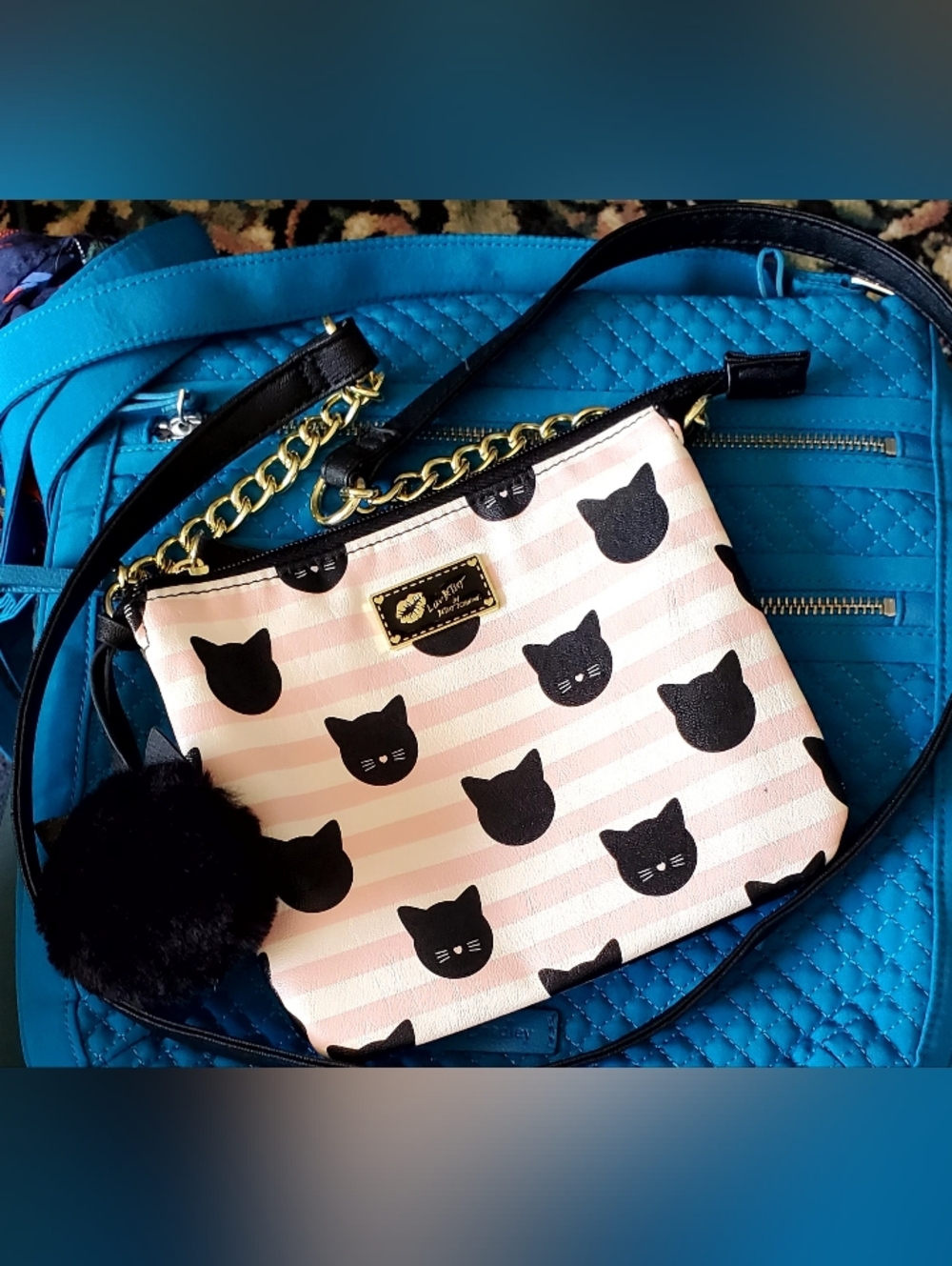 Luv Betsey By Betsey Johnson Pink Cat Print Crossbody Bag with Puffy Cat Charm